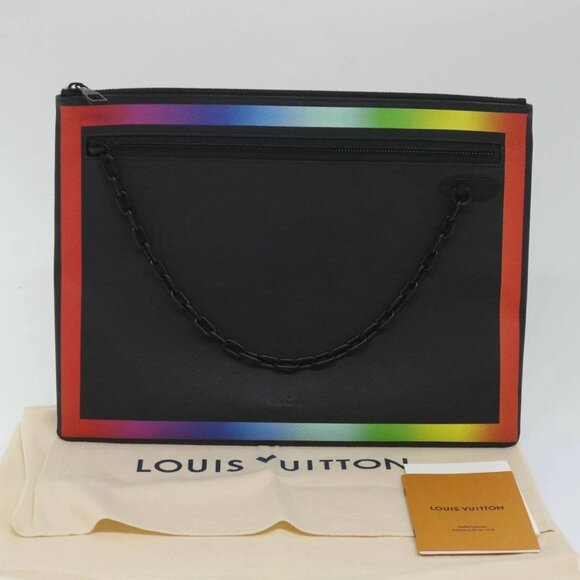 LOUIS VUITTON Taiga Rainbow Chain Pochette A4 Bag Black - Picture 1 of 16